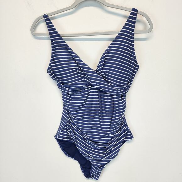 Niptuck One Piece Swim Suit Size 8 Blue White Striped Multi Fit Cup Ruched Waist - Picture 1 of 10